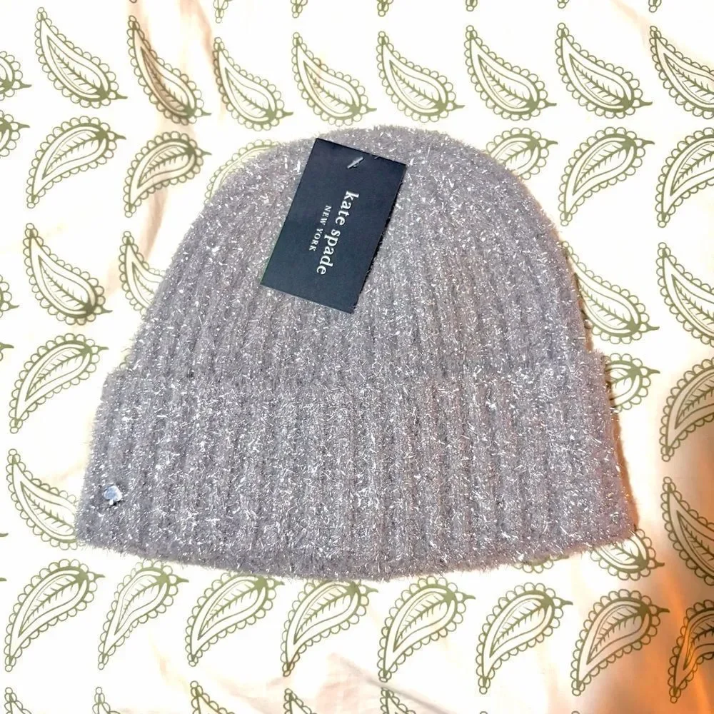 Kate Spade New York Heather Grey Silver Tinsel Knit Beanie Winer Hat OS NWT